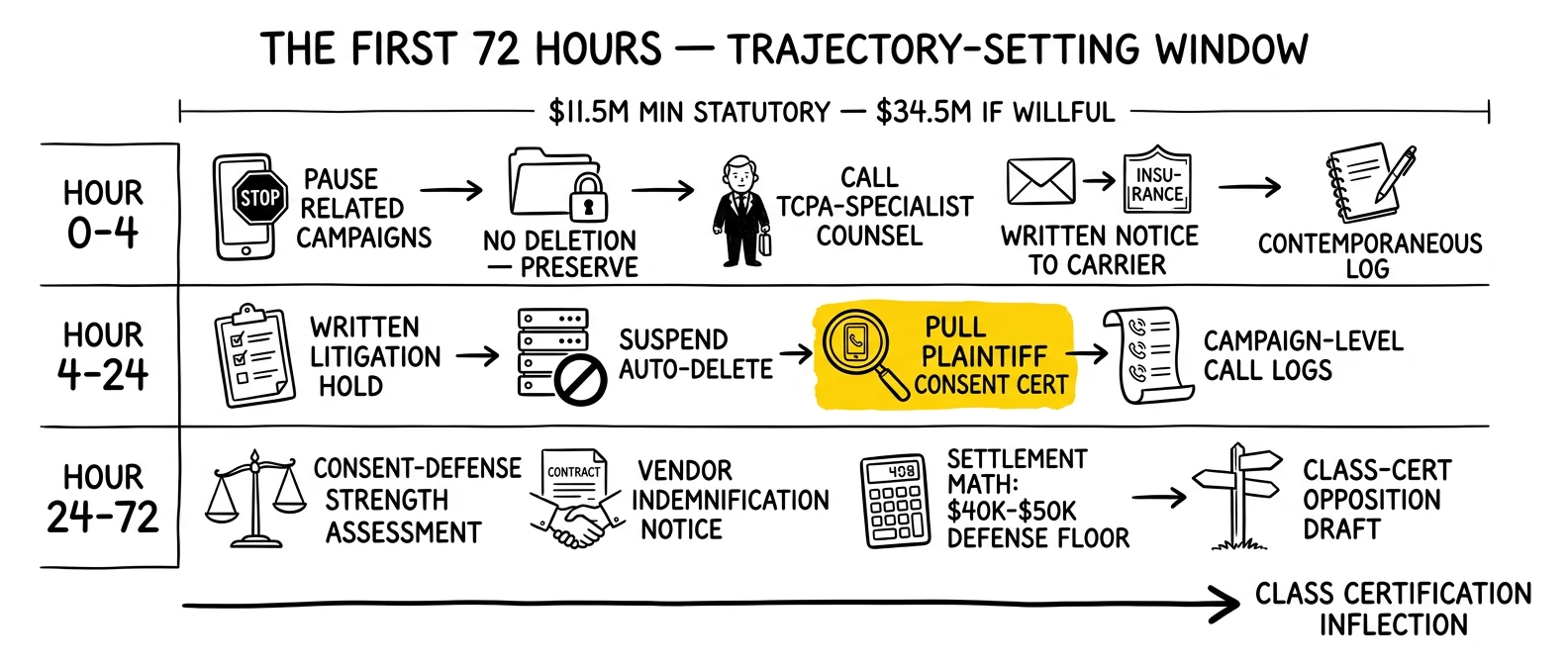 Three-band 72-hour response timeline: hours 0-4 pause and counsel, hours 4-24 hold and pull consent cert, hours 24-72 assess and prepare class-cert opposition.