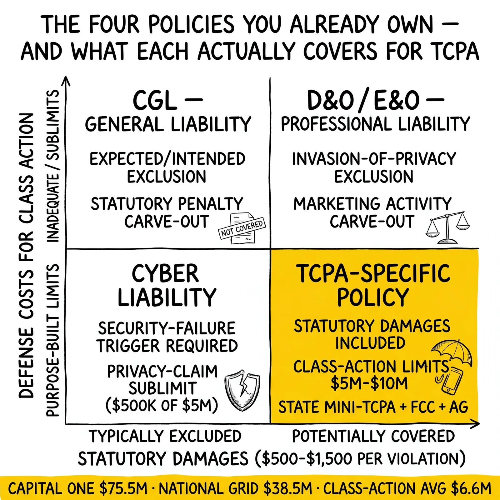 Two-by-two policy coverage matrix on statutory-damages and class-action-defense axes: CGL, D&O/E&O, and Cyber leak on at least one axis; TCPA-specific covers both.