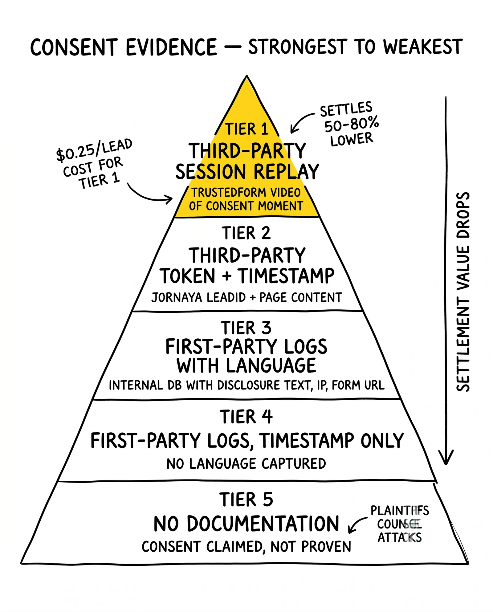 Five-tier consent evidence hierarchy from third-party session replay down to no documentation. Session replay highlighted as the 50-80% settlement-reducing tier.