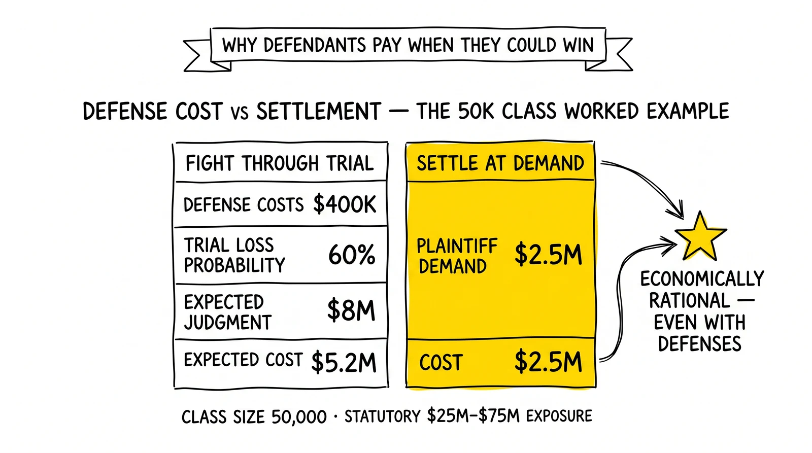 Worked example comparing TCPA fight-through-trial expected cost versus settle-at-demand cost for a 50,000-member class. Settlement path highlighted as the rational outcome.