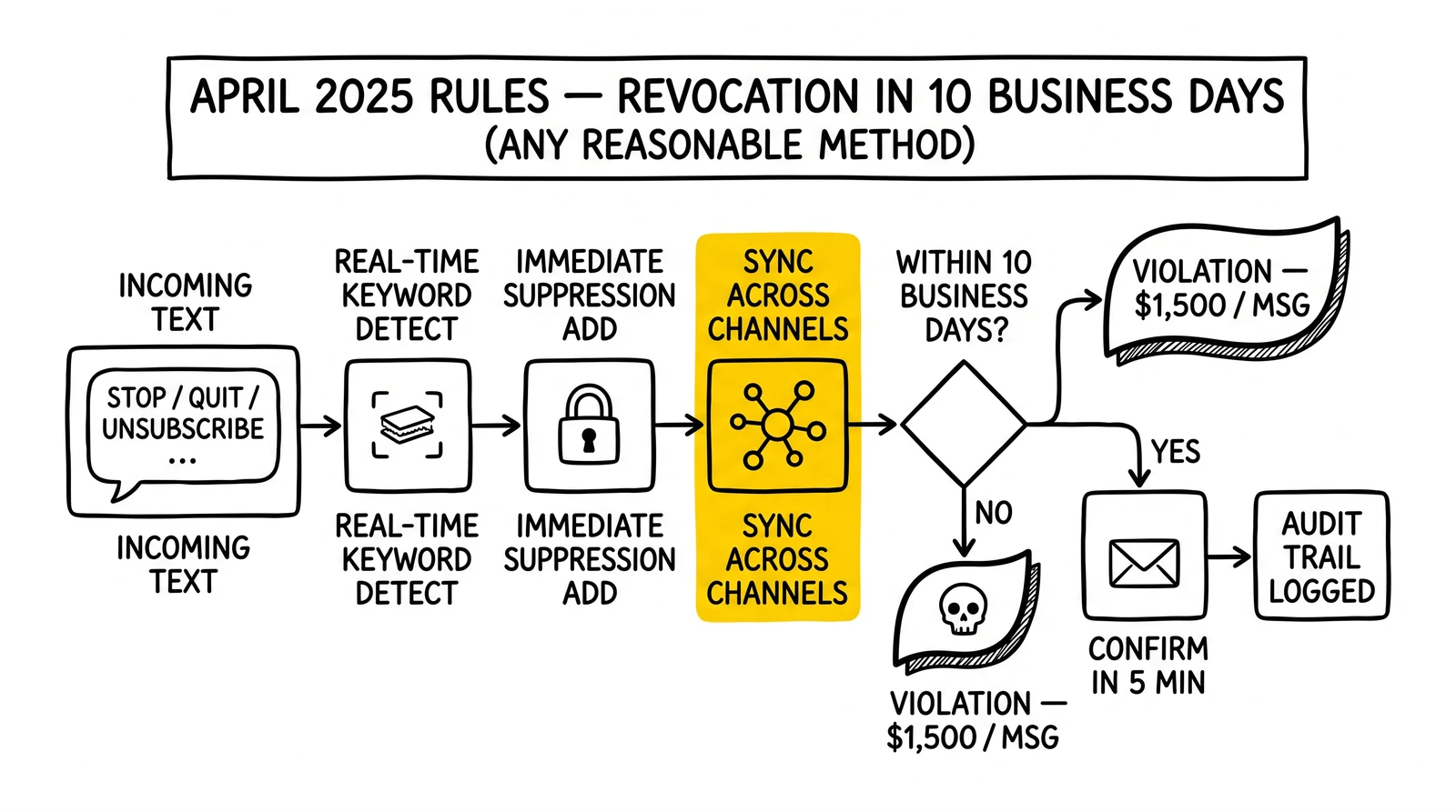 Revocation pipeline from incoming STOP keyword through detection, suppression, cross-system sync, confirmation, and audit trail. Cross-system sync highlighted as the operational failure mode.