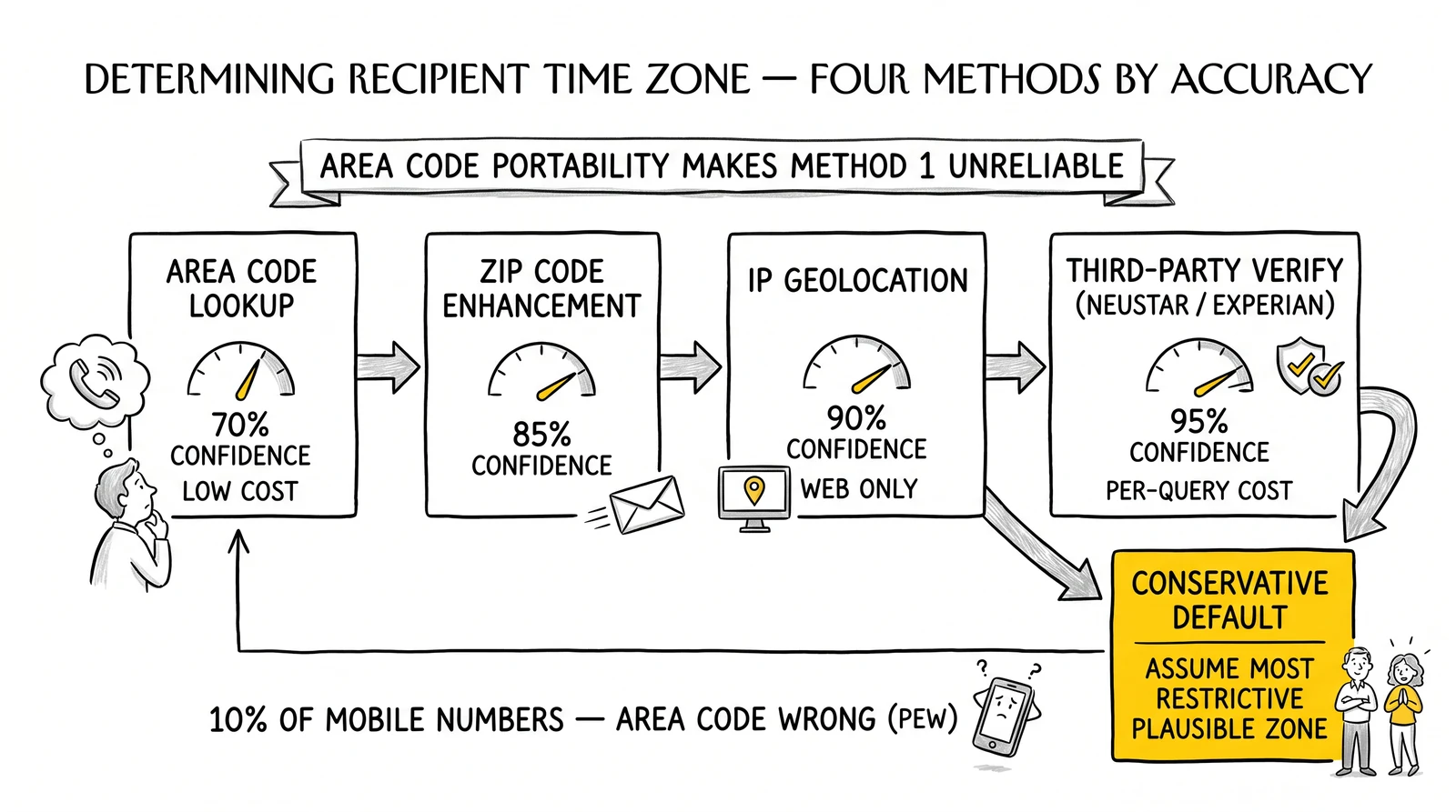 Four-method time-zone determination flow with conservative-default fallback. Conservative default highlighted as the safety-net for uncertain numbers.