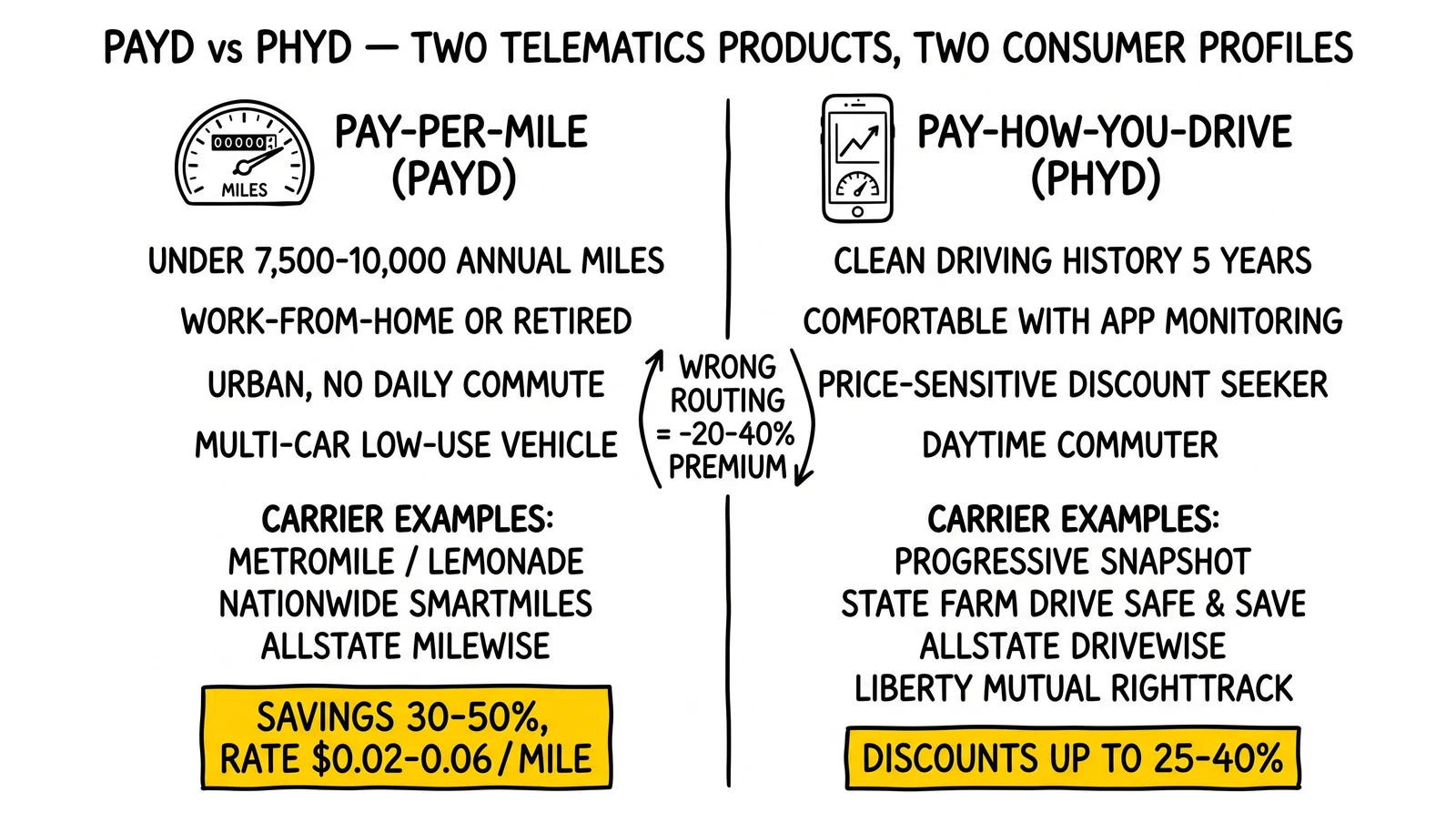 Side-by-side: pay-per-mile targets low-mileage drivers and pays via per-mile rate; pay-how-you-drive targets safe drivers and pays via behavior discount.