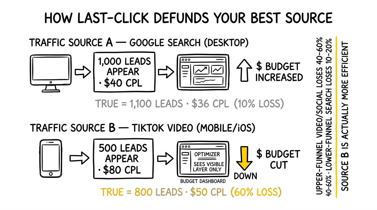 Two parallel attribution tracks feeding one dashboard: Source A appears cheaper but Source B is truly more efficient; signal loss inverts the budget decision.