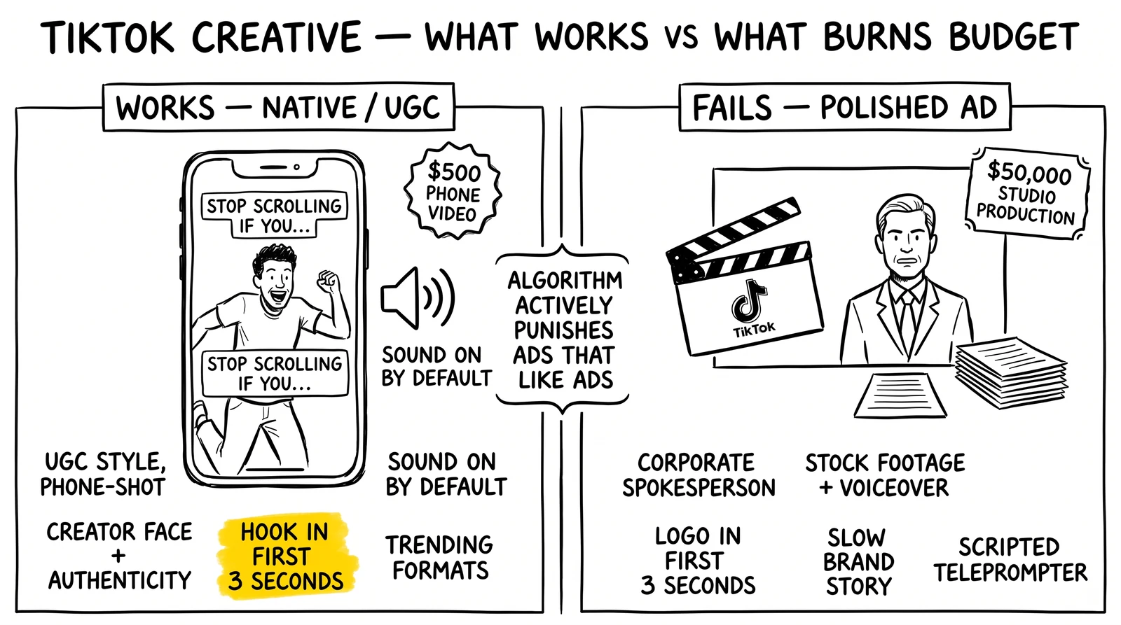 Two-panel TikTok creative comparison: native UGC versus polished studio ad. First-3-second hook highlighted as the make-or-break element on the native side.