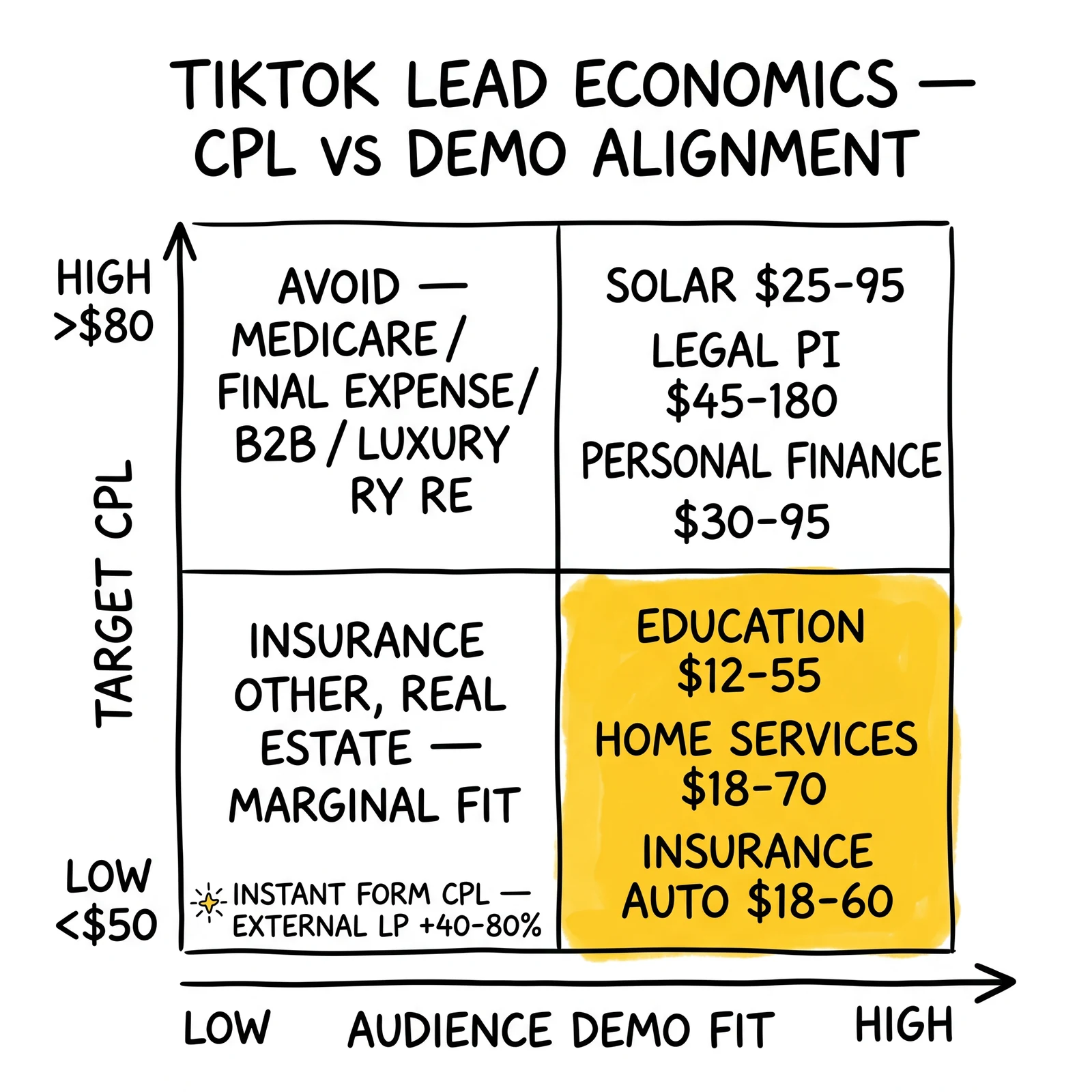 TikTok vertical CPL matrix by demo fit and target CPL band. Bottom-right high-fit / low-target quadrant highlighted as the cleanest TikTok arbitrage zone.
