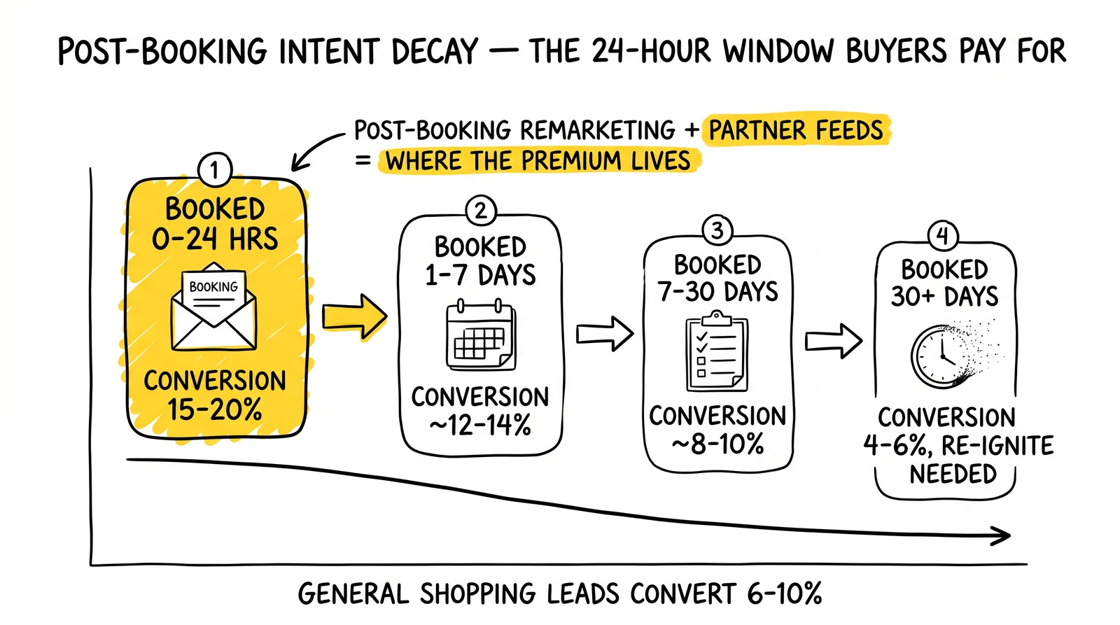 Four-stage post-booking intent decay from 15-20% conversion at 0-24 hours down to 4-6% at 30+ days, with the first-day window highlighted.