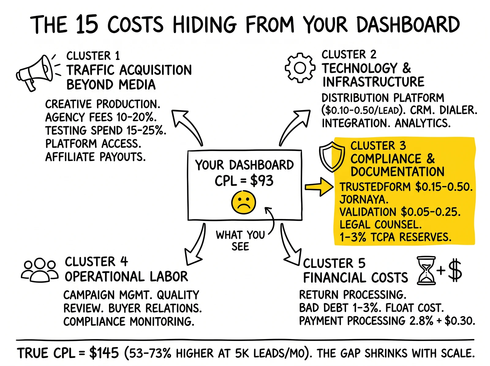 Anatomy diagram of dashboard CPL surrounded by five clusters of hidden costs from traffic to financial. Compliance and documentation cluster highlighted as the most-underinvested category.