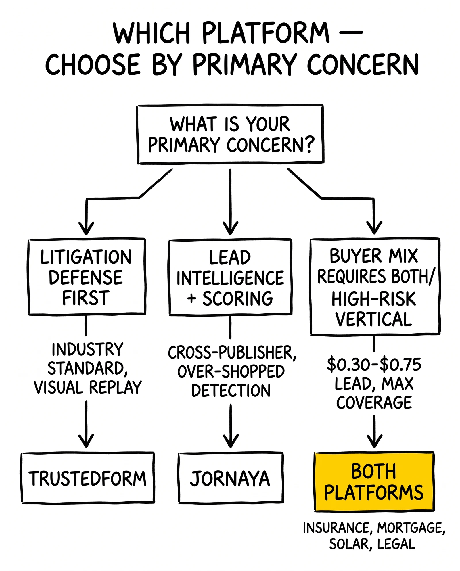 Three-branch decision tree for choosing TrustedForm, Jornaya, or both based on primary concern. Both-platforms leaf highlighted as the recommendation for high-litigation verticals.