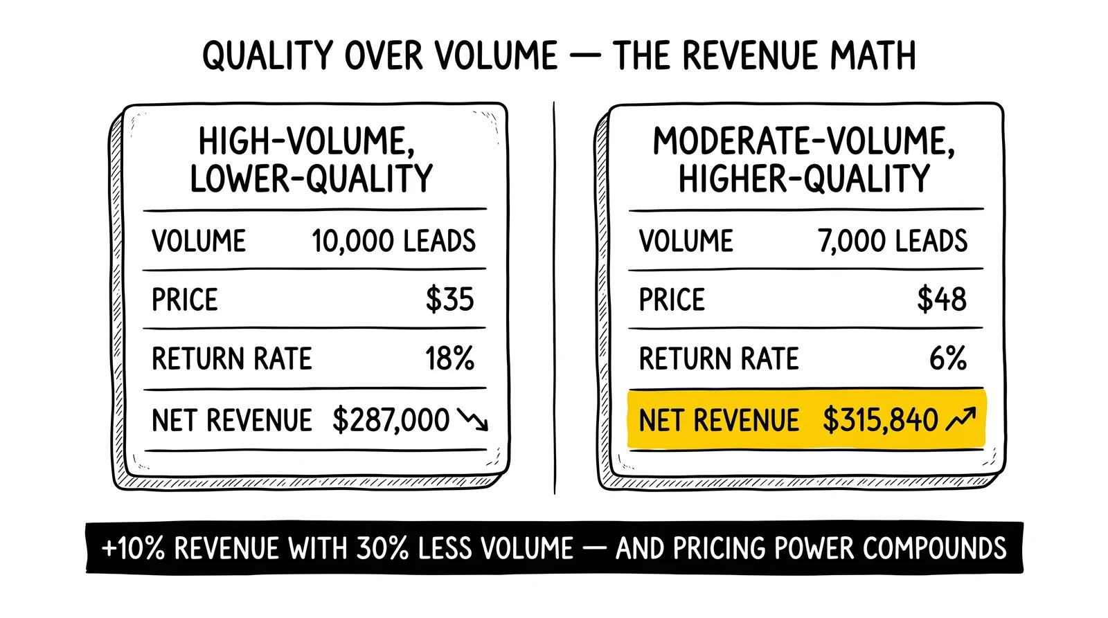 Two-path revenue comparison: 10K leads at $35 with 18% returns vs 7K leads at $48 with 6% returns. Higher-quality path delivers 10% more net revenue.