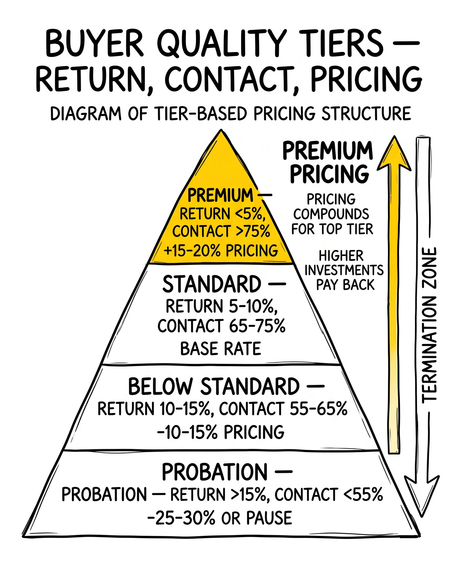 Four-tier buyer quality pyramid: premium, standard, below standard, probation. Premium tier highlighted as the pricing-power destination.
