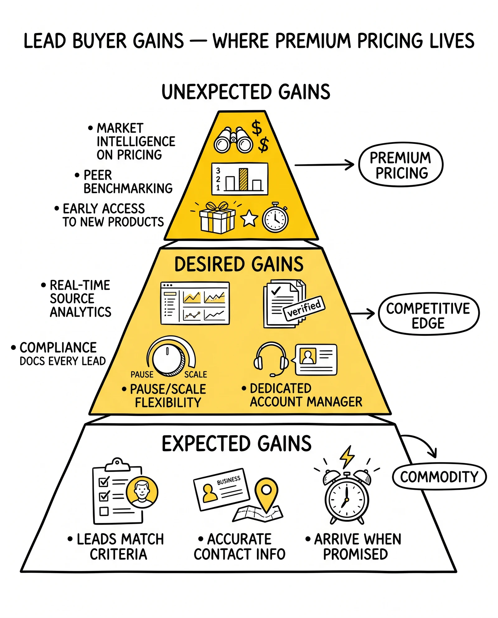 Three-tier gains pyramid for lead buyers: expected, desired, unexpected. Top two tiers highlighted as the only place where differentiation and premium pricing exist.