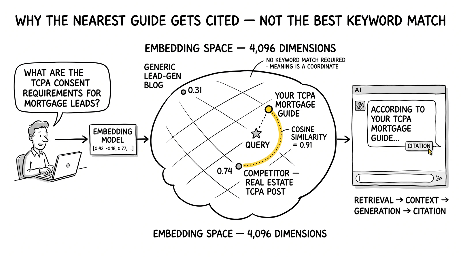 Query embedded into 4,096-dimension space; three content dots at varying distances; the closest one – your guide – gets retrieved and cited.