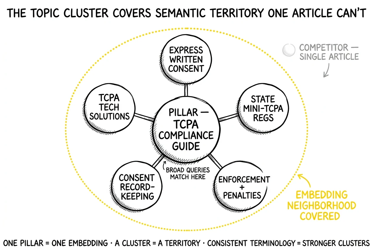 TCPA pillar hub with five spokes; a yellow ellipse around the cluster shows the embedding-space territory covered that single competitor articles cannot match.
