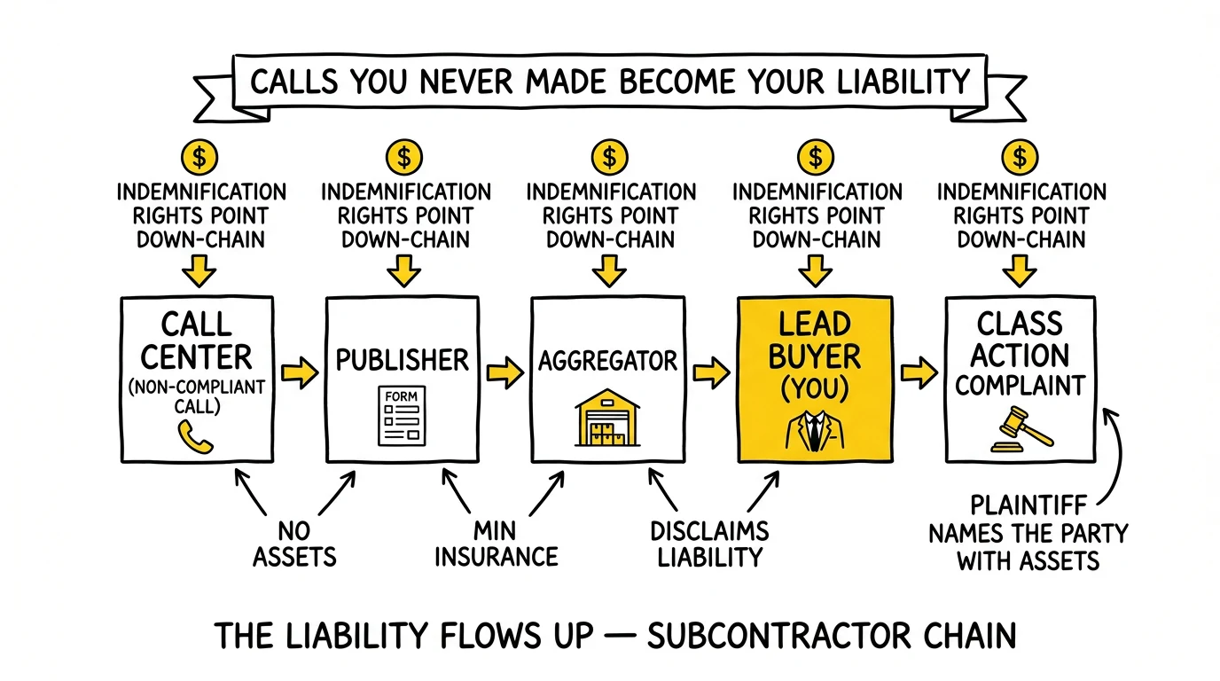 Subcontractor chain showing liability flowing from call center through publisher and aggregator to lead buyer named in class action. Lead buyer highlighted as the plaintiff's target.
