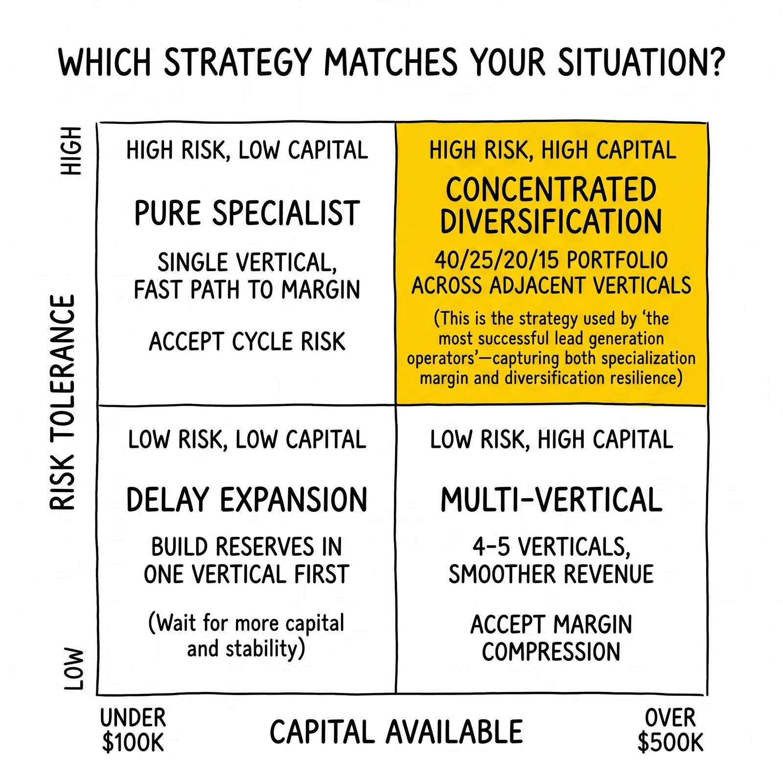 Two-by-two strategy matrix by capital and risk tolerance. Concentrated diversification quadrant highlighted as the optimal hybrid for resourced operators.