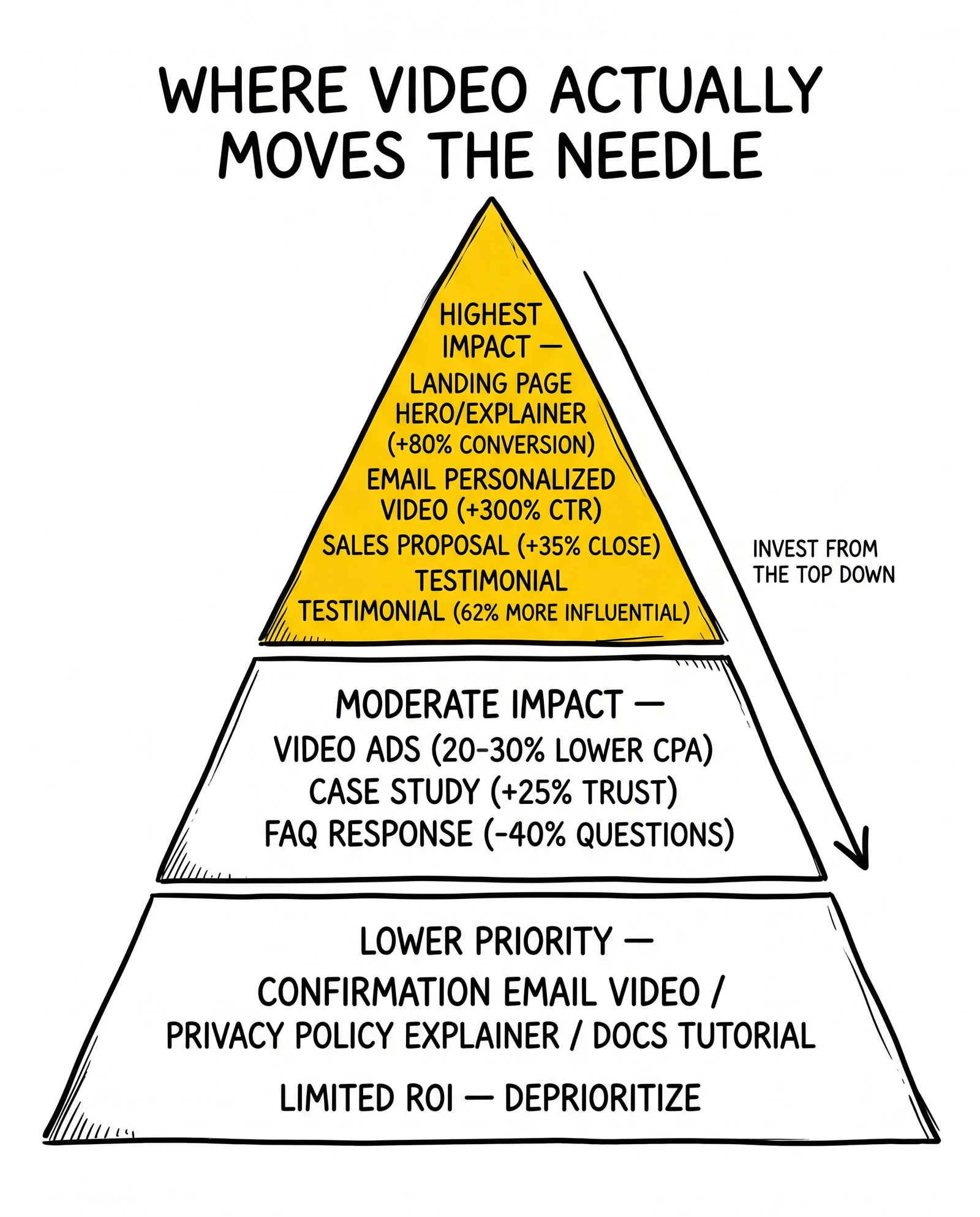 Three-tier video ROI pyramid: top (landing page, personalized email, sales proposal, testimonial), middle (ads, case study, FAQ), base (confirmation, policy, docs). Top tier highlighted.