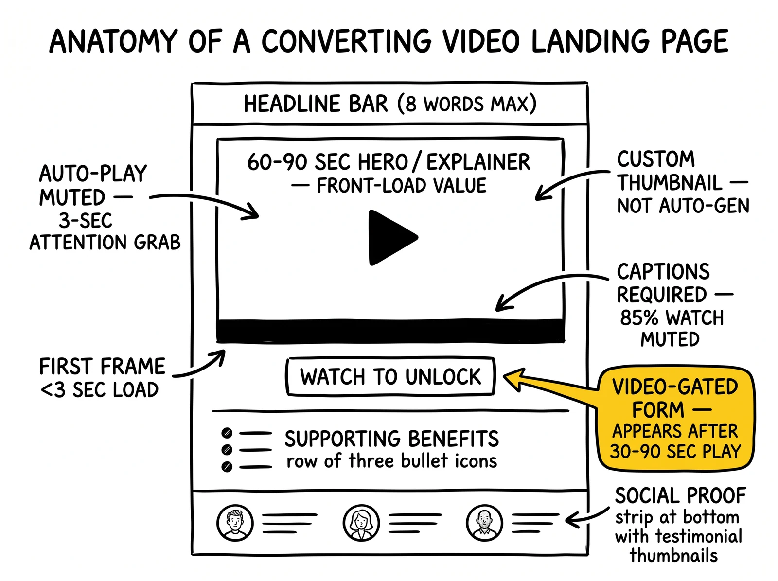 Landing page anatomy with five callouts: auto-play muted, captions, custom thumbnail, fast load, video-gated form. Video-gated form annotation highlighted as the strategic mechanism.