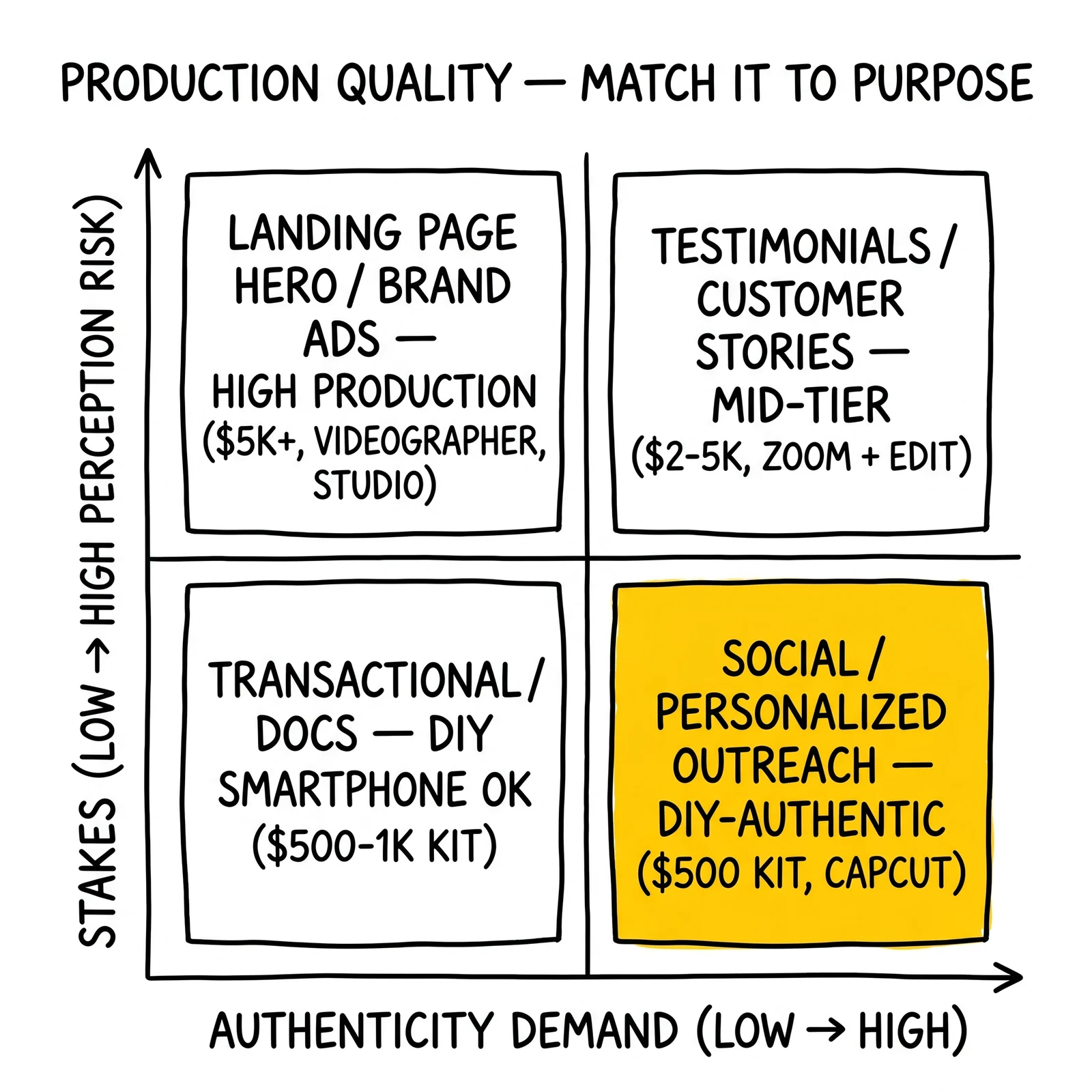 Two-by-two video production matrix by stakes and authenticity demand. DIY-authentic quadrant highlighted as the counter-intuitive zone where polish hurts conversion.