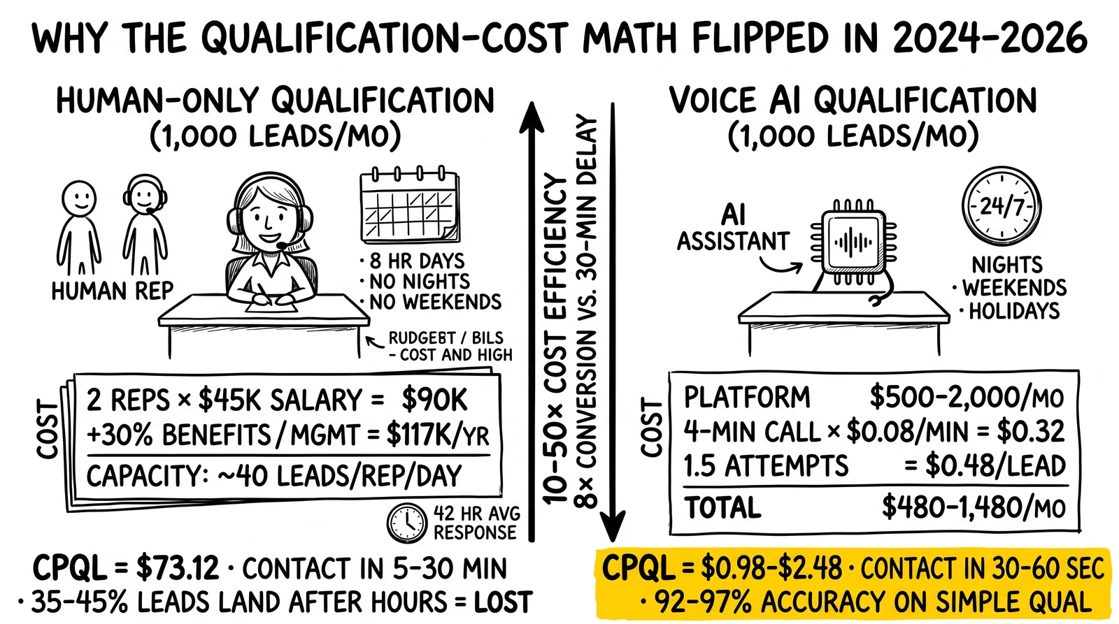 Two-panel cost comparison: human qualification CPQL $73 with 42-hour response; voice AI CPQL $1-2.50 with 30-60 second response and 92-97% simple-qual accuracy.
