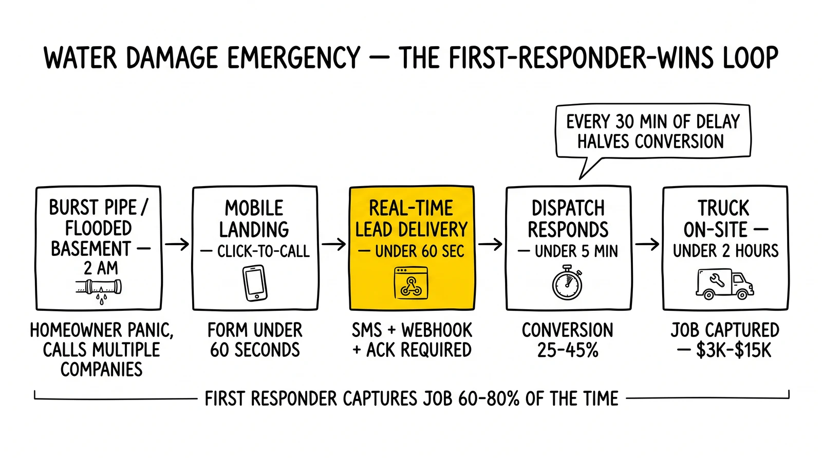Five-stage water damage emergency sequence from 2 AM burst pipe to truck on-site under two hours, with real-time delivery highlighted as the conversion chokepoint.
