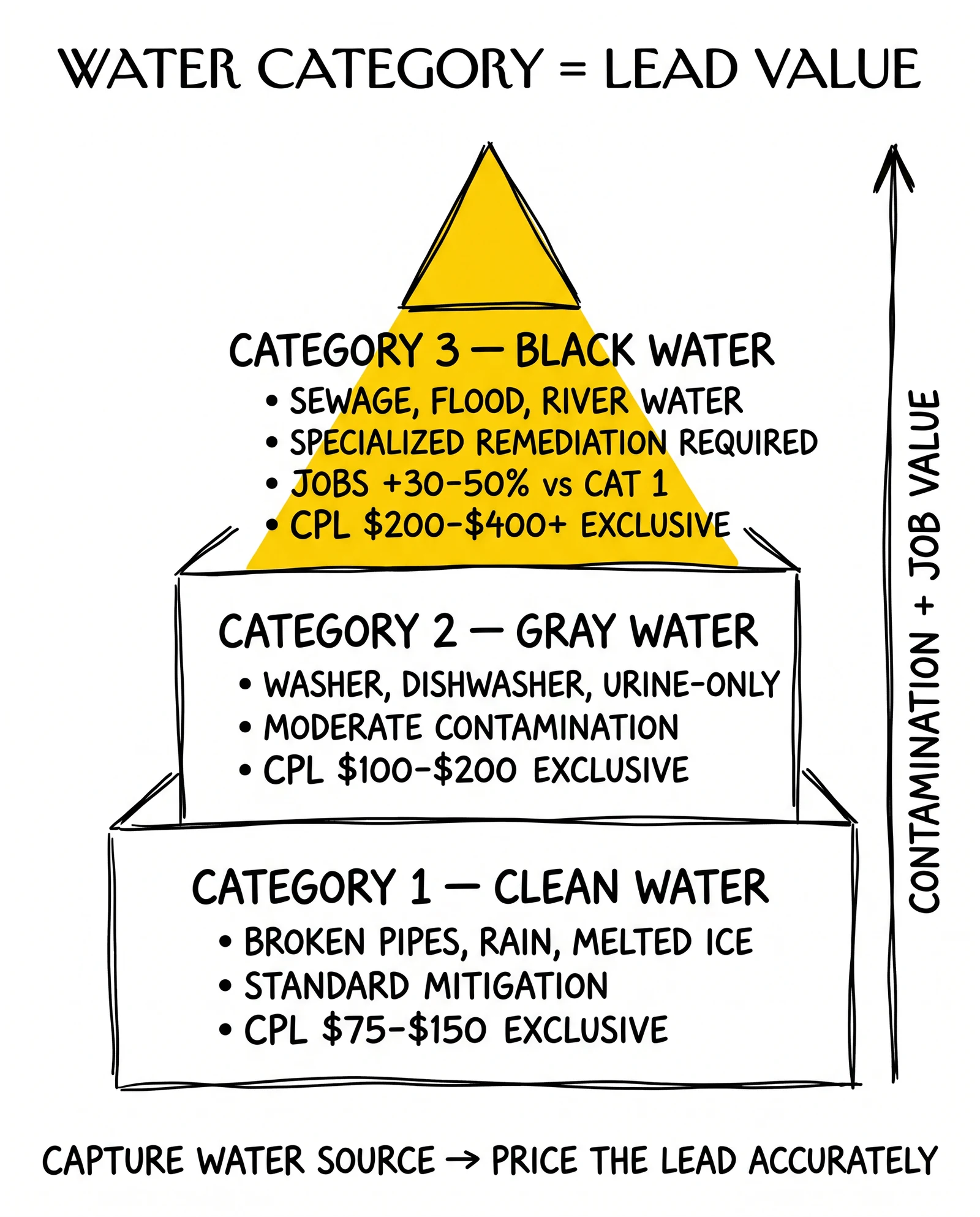Three-tier water category pyramid by IICRC S500: Category 3 black water at top, Category 2 gray water, Category 1 clean water, with Cat 3 highlighted as the premium pricing driver.
