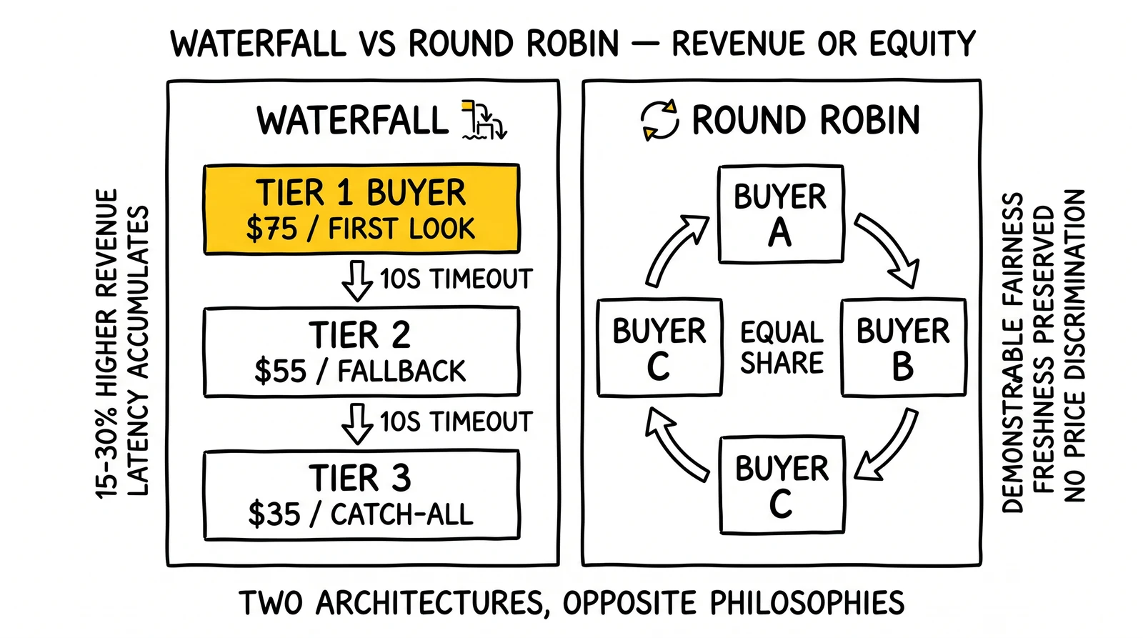 Side-by-side waterfall and round-robin routing diagrams: priority cascade versus equal rotation. Waterfall Tier 1 first-position highlighted as the revenue-capture mechanism.