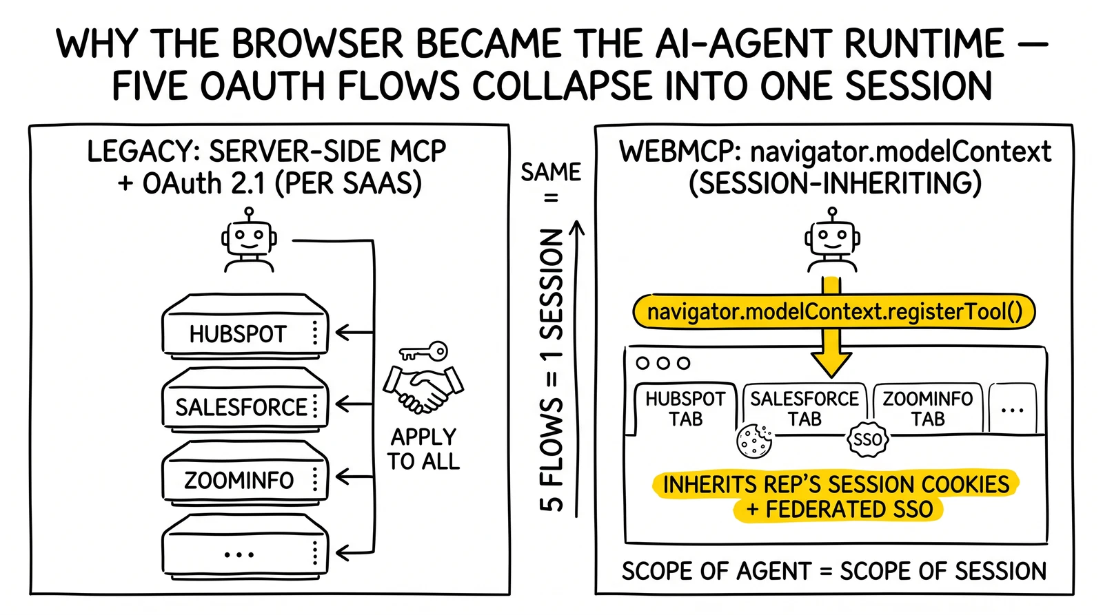 Side-by-side architecture: five OAuth 2.1 flows for legacy MCP servers collapse to one navigator.modelContext registration in WebMCP, with session cookies and SSO inherited automatically.