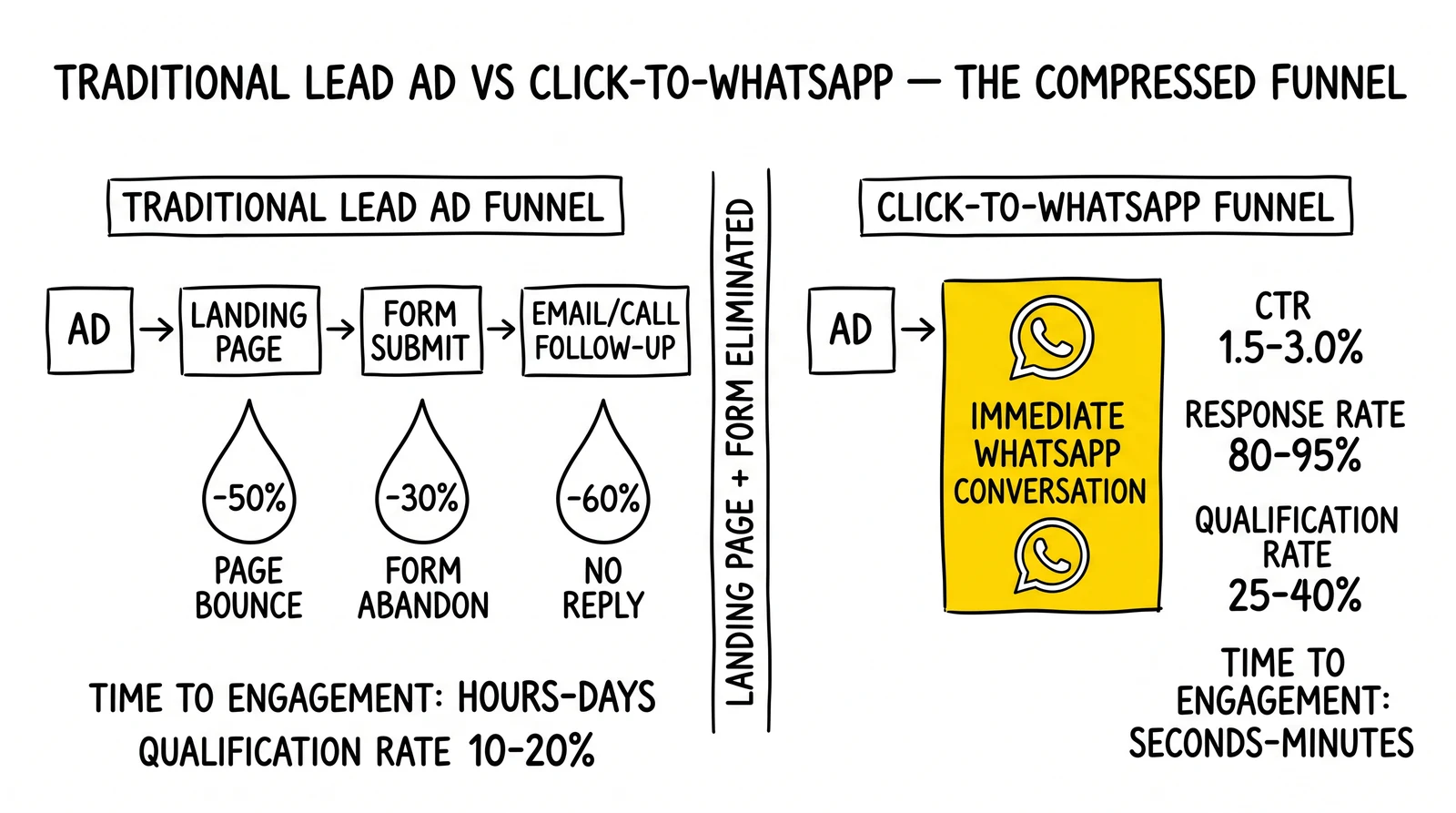 Traditional lead ad versus Click-to-WhatsApp funnel comparison. Right panel collapses four stages to two with the immediate conversation node highlighted.