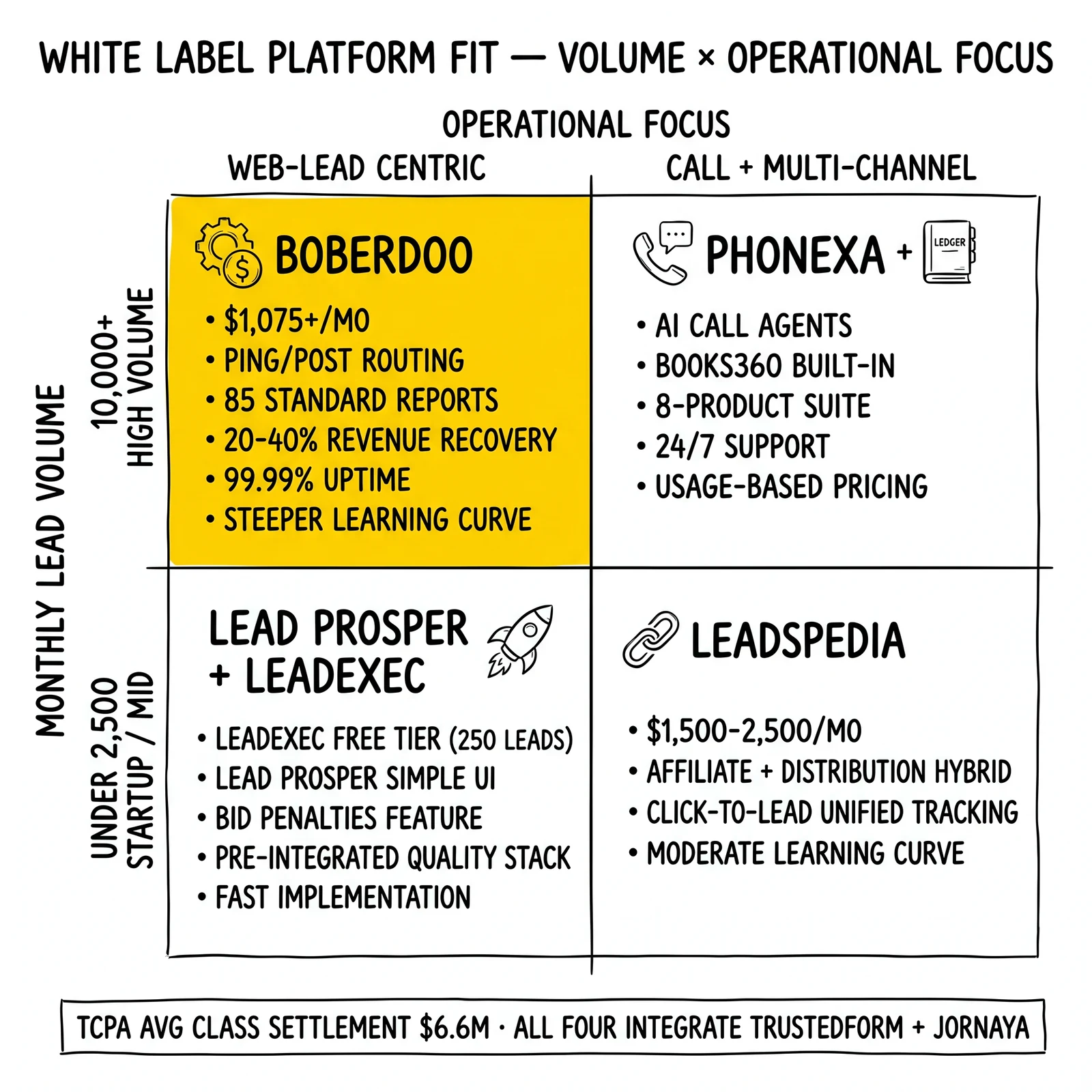Two-by-two white-label platform matrix on volume and channel axes: boberdoo highlighted as the high-volume web-lead choice with ping/post routing and 20-40% revenue recovery.