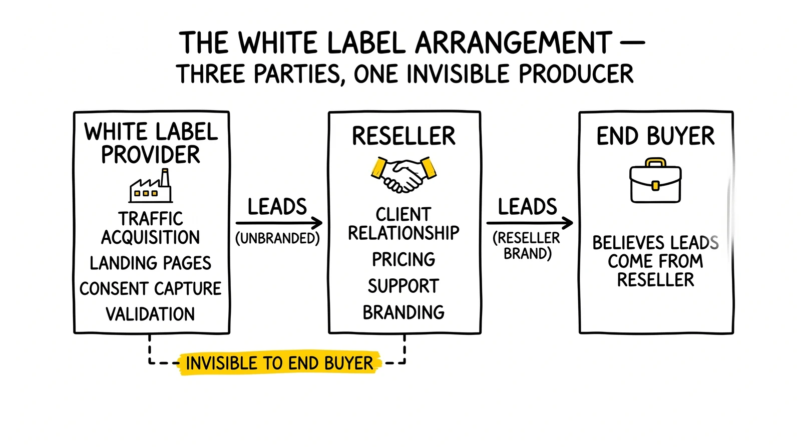 Three-party white-label flow: provider produces leads, reseller rebrands and owns the relationship, end buyer never sees the provider. Provider invisibility highlighted.