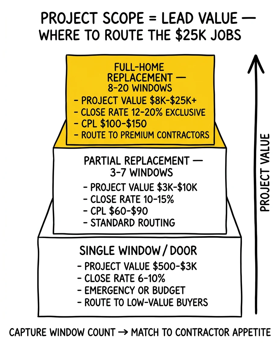 Three-tier window and door project scope pyramid: full-home replacement on top, partial mid, single window/door at base, with full-home highlighted as premium tier.