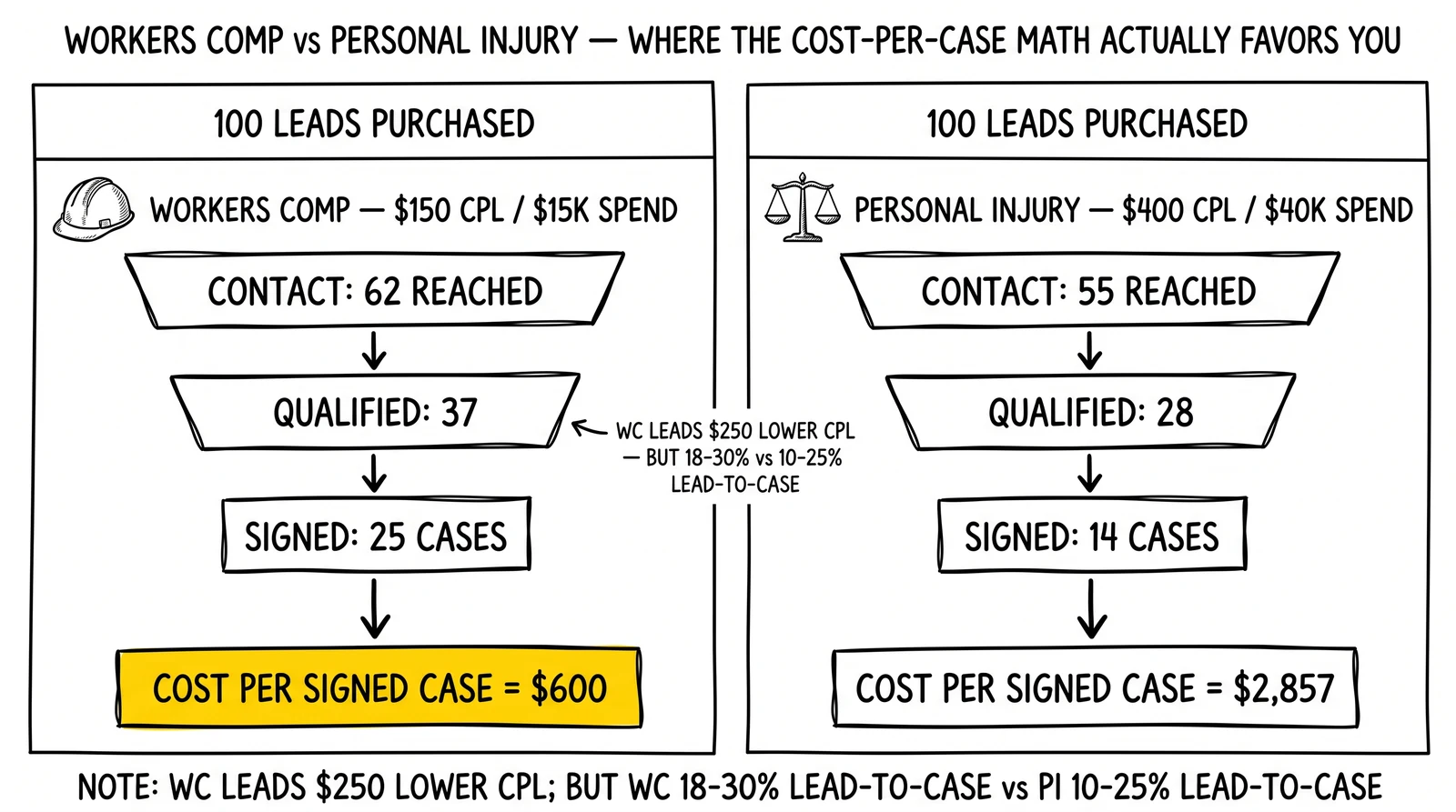 Side-by-side workers comp vs personal injury funnel: lower CPL but higher conversion produces $600 cost per signed case vs $2,857 for PI.