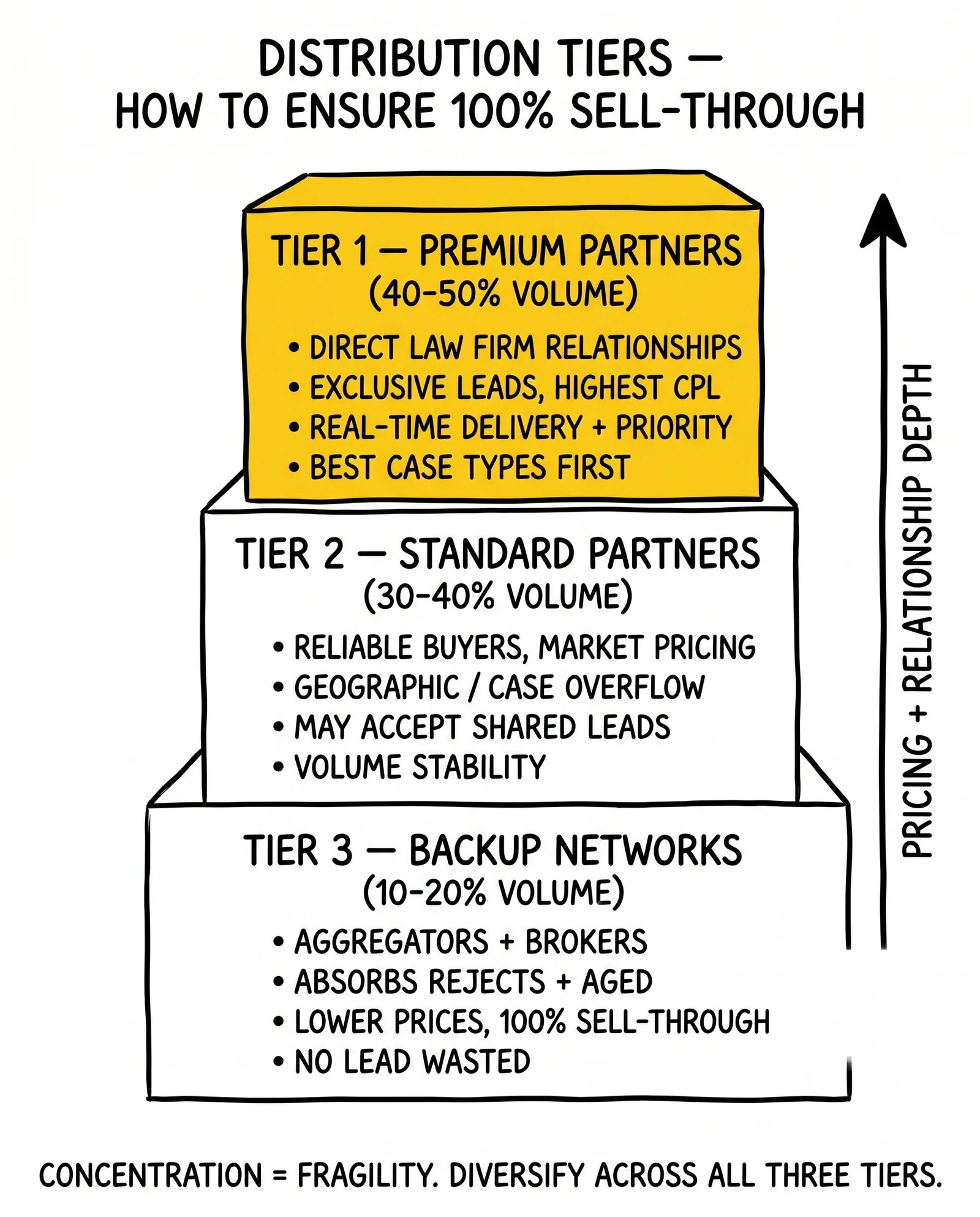 Three-tier distribution pyramid for workers comp leads: premium direct partners on top, standard relationships, backup networks at base – with premium tier highlighted as margin source.