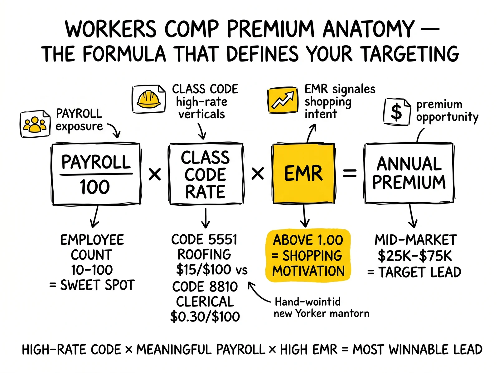 Workers comp premium formula anatomy: payroll, class code rate, and EMR with EMR highlighted as the shopping-motivation targeting signal.