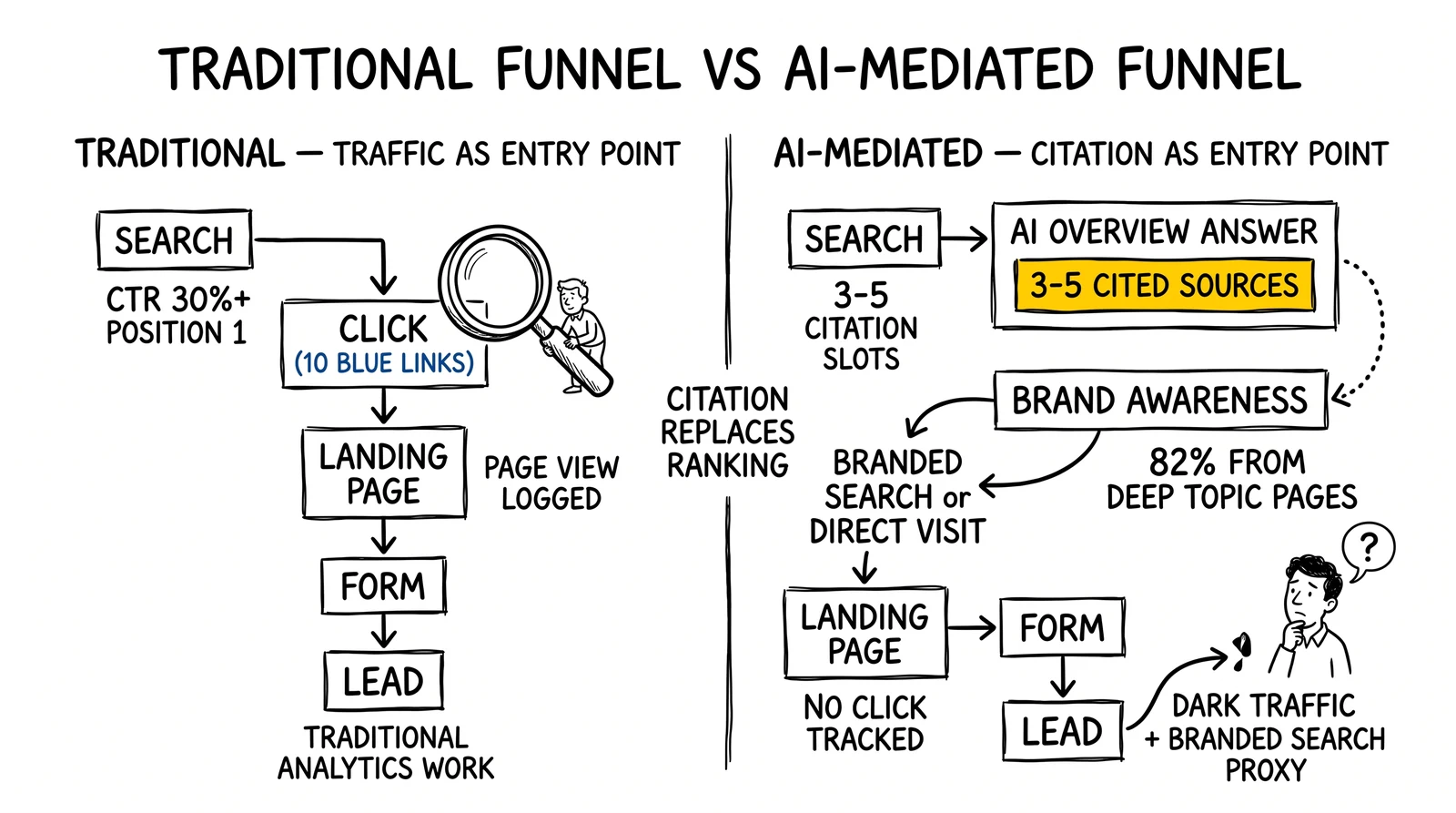Traditional funnel (search to click to form) versus AI-mediated funnel (search to AI Overview with 3-5 citations to brand awareness to branded search). Citation slots highlighted.